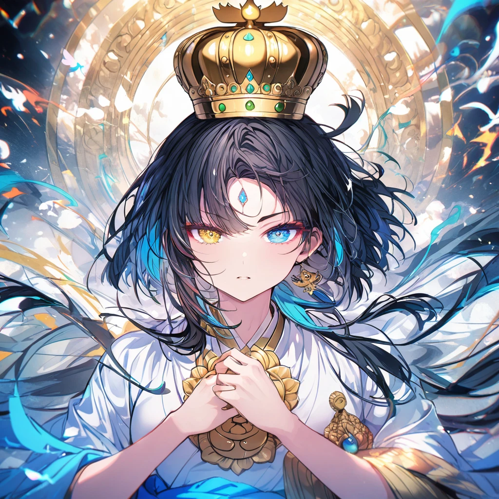 Blue robes, Bodhisattva crown, heterochromatic eyes, long black hair, dark