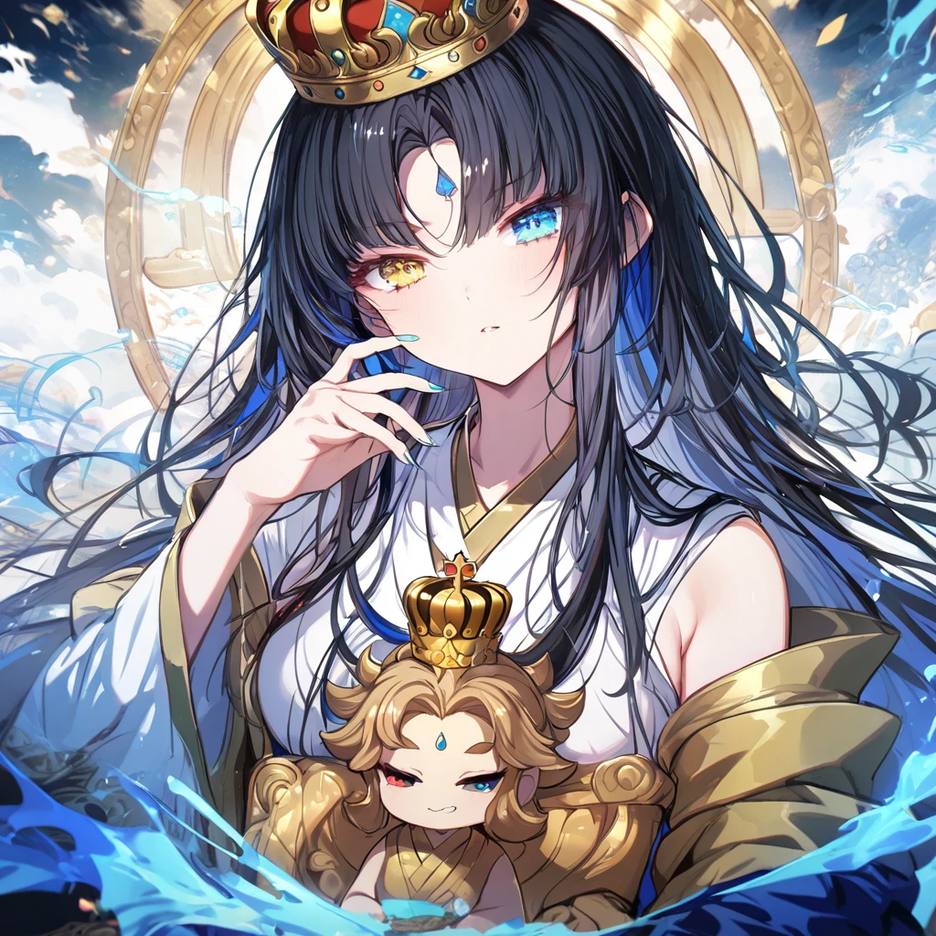 Blue robes, Bodhisattva crown, heterochromatic eyes, long black hair, dark