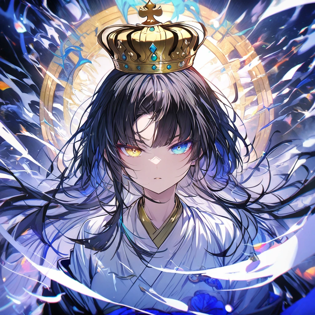 Blue robes, Bodhisattva crown, heterochromatic eyes, long black hair, dark