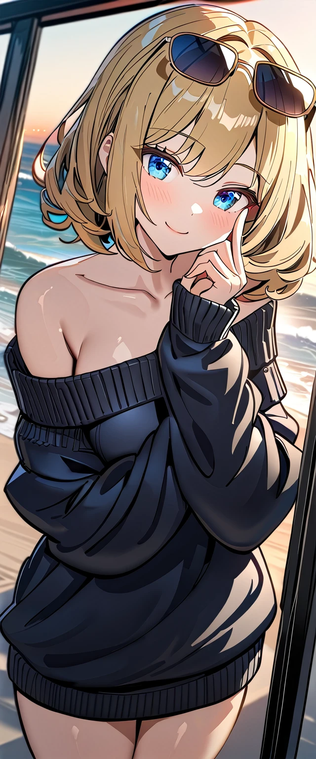 ((sea, beach)), ((from above)), (((sunglasses, hand to sunglasses))), (((cowboy shot))), ((wavy hair, inward curled hair)), evening, ((Sunset)), ((blond hair, bob cut:1.3)), breasts, ager, (looking at viewer), oversized clothes, puffy long sleeves, ((off-shoulder sweater:1.3, Quite thick shoulder straps)), ((black sweater)), collarbone, head tilt:1.3, (((blue eyes))), ((happy smile)), (((anime style))), (best quality, 4K, 8K, highres, masterpiece:1.2, ultra-detailed, ultra-detailed eyes, HDR, uhd, studio lighting, ultra-fine painting, sharp focus, physically-based rendering, extreme detail description, professional, vivid colors, bokeh)