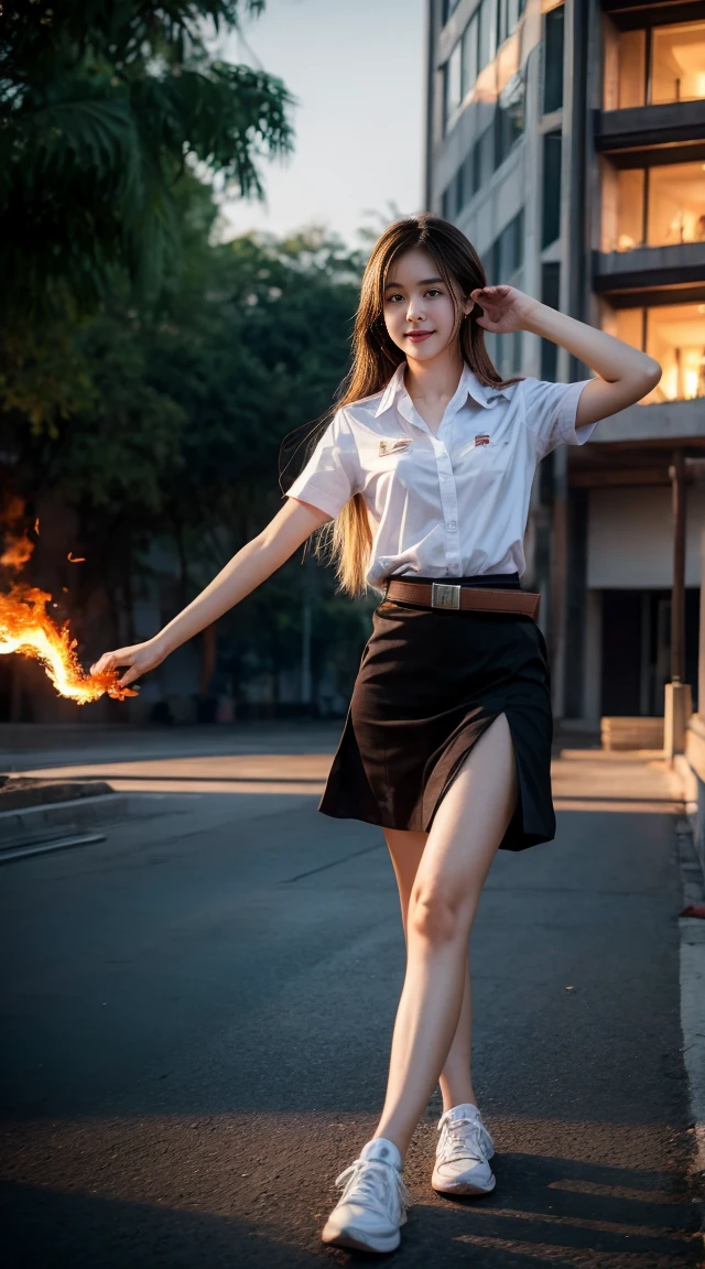 18 year old woman in Thai university uniform, white shirt, black skirt, brown belt, white sneakers, fire, fire around her, fire on foreground and background in the dark, realistic photo, high detail, fantasy, dynamic pose