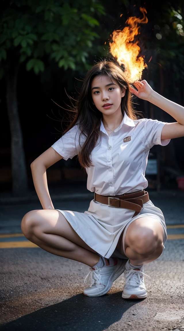 18 year old woman in Thai university uniform, white shirt, black skirt, brown belt, white sneakers, fire, fire around her, fire on foreground and background in the dark, realistic photo, high detail, fantasy, dynamic pose