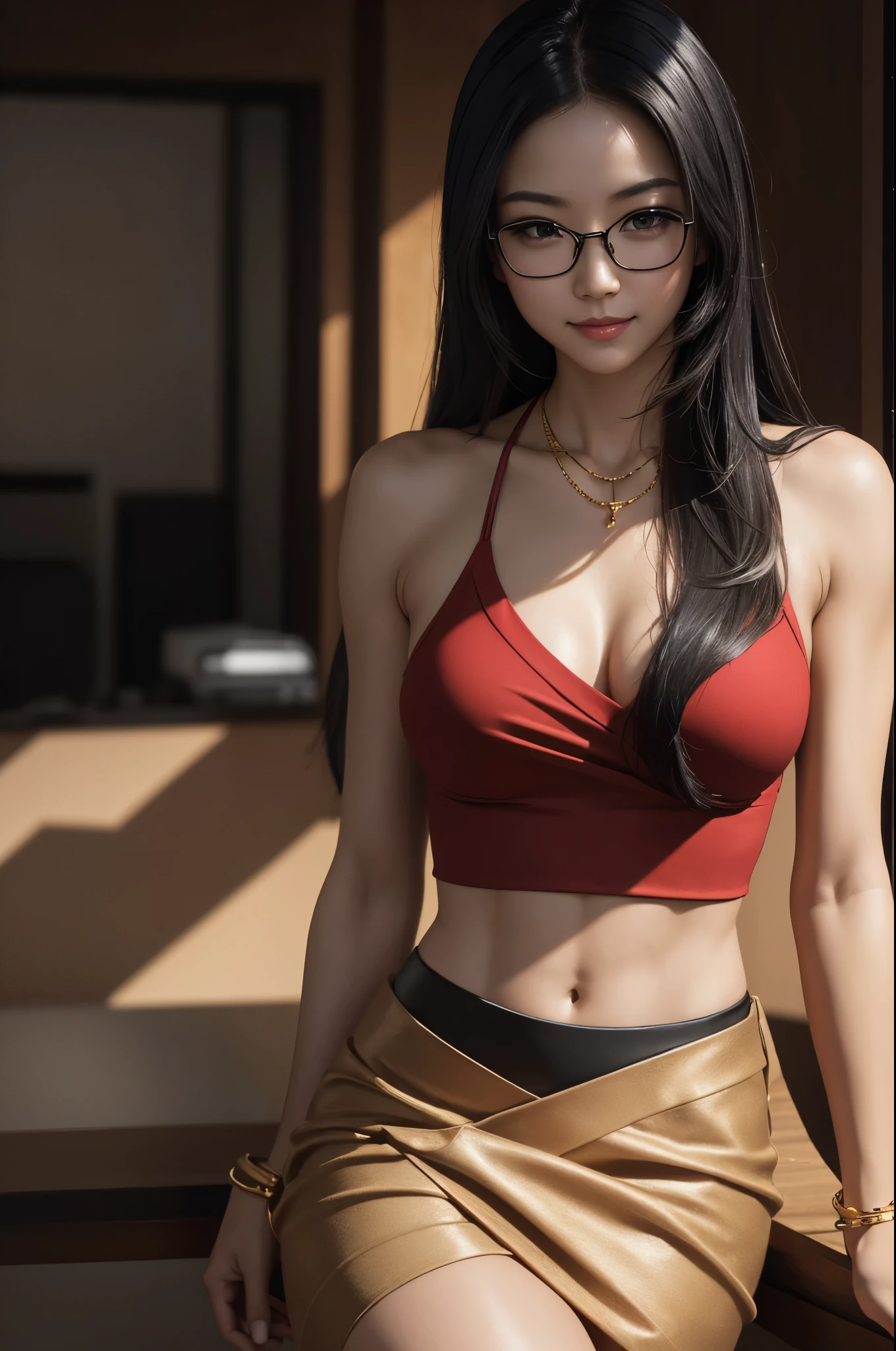 8K,Very very small breasts,美しいLong black hair,A slim female CEO in a luxurious red suit is posing.Beige shirt,Super Beauty(Like the real thing) Very very small breasts, Toned body muscles,Realistic Skin,Thin glasses,Long black hair,Iris,Red suit skirt,Demon Slayer with very small breasts,Digital Art, smileのゴージャスな女神, , 2 0 and. A model woman, , Ultra-high resolution,Surreal,Very very small breasts,Rugged appearance,Fantasy art,Character Art,attractive,sexy with Very very small breasts,Office Close Up,Rich colors, Backlight, Cinema Lighting, Film Grain, 50mm lens, Nikon D850,smile,Ultra-realistic,Photorealistic RAW photos of the highest quality,Makeup,Muscular Beauty,black gemstone necklace,Gold bracelet,