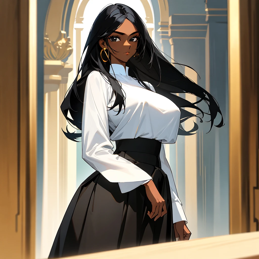 (Female): Solo, (Perfect Face), (Fine Dress), (12 years old), Mayor's Daughter, , Responsible, Graceful, Black Hair, Long Hair, Black Eyes, Large chest_circumference, (Classy Blouse), (Long Skirt), Mormorian Royal Female Guard

(Background): Front, indoors, Indian palace

(Effect) :(Masterpiece), (Best Quality), (Sharp Focus), (Depth of Field), (High Resolution), Tan, Dark Skin, Big Breasts, Big, Big, Huge Breasts,covered nipples
