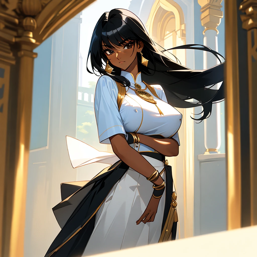(Female): Solo, (Perfect Face), (Fine Dress), (), Mayor's Daughter, , Responsible, Graceful, Black Hair, Long Hair, Black Eyes, Large chest_circumference, (Classy Blouse), (Long Skirt), Mormorian Royal Female Guard
(Background): Front, indoors, Indian palace
(Effect) :(Masterpiece), (Best Quality), (Sharp Focus), (Depth of Field), (High Resolution), Tan, Dark Skin, Big Breasts, Big, Big, Huge Breasts,covered nipples
