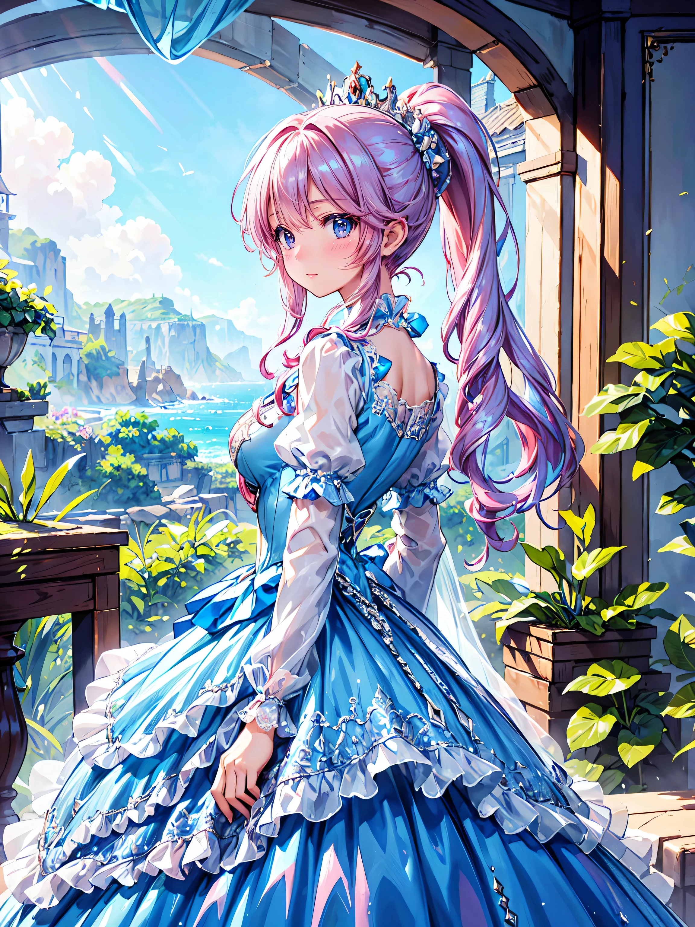 (((young face solo Captivating Adorable princess))), (((dress aquamarine dress)))), (((Unsurpassed gorgeous rococo victorian gown with voluminous  hoopskirt and long hems, princess style skirt))), (gown brilliances dazzlingly glitter reflective prismatic transparency gown:1.5), (gown ultra elaborate gown:1.5), (gown  gown:1.5),  (((huge breasts))), breasts focus, breasts cleavage, (hair pink hair:1.3), (((ponytail fluffy long ponytail))), ((Expressive hair)), very voluminous and very long hair, bangs, super delicate and beautiful face, beautiful lips, (hyper detail delicate beautiful eyes blue eyes), hair ornament silver ornament, beautiful smile, ((portrait:1.5, upper body:1.5, arched back:1.8, arms behind back:1.5, smile:1.1, looking at viewer:1.5, from side:1.5)), (((Masterpiece, Super detail, top quality, ultra high res, Spectacular Quality, Distinguished Quality, ultra detailed, unity 16k))), (coastal view:1.5), 