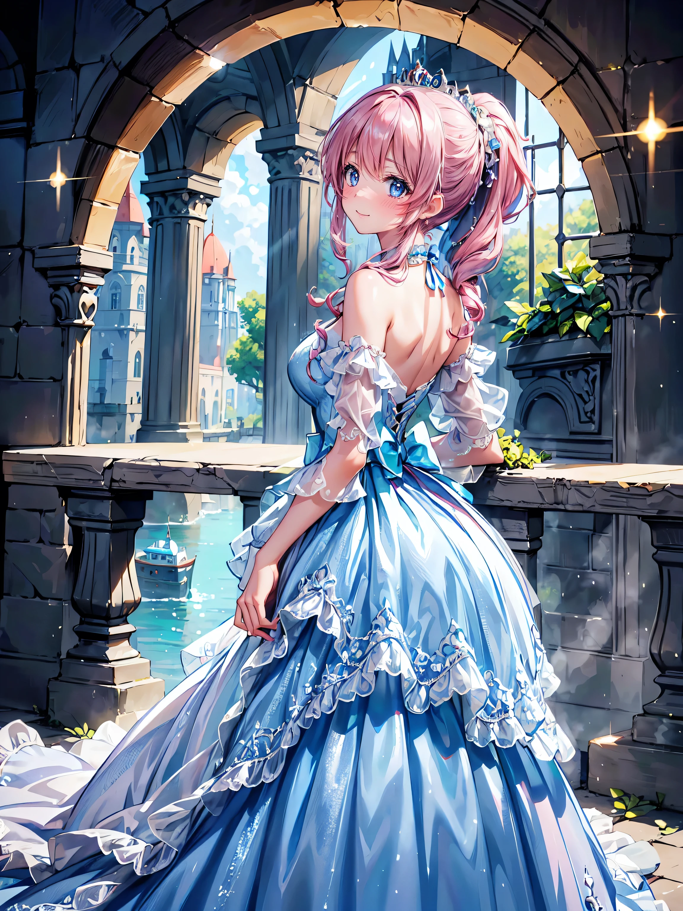(((young face solo Captivating Adorable princess))), (((dress aquamarine dress)))), (((Unsurpassed gorgeous rococo victorian gown with voluminous  hoopskirt and long hems, princess style skirt))), (gown brilliances dazzlingly glitter reflective prismatic transparency gown:1.5), (gown ultra elaborate gown:1.5), (gown  gown:1.5),  (((huge breasts))), breasts focus, breasts cleavage, (hair pink hair:1.3), (((ponytail fluffy long ponytail))), ((Expressive hair)), very voluminous and very long hair, bangs, super delicate and beautiful face, beautiful lips, (hyper detail delicate beautiful eyes blue eyes), hair ornament silver ornament, beautiful smile, ((portrait:1.5, upper body:1.5, arched back:1.8, arms behind back:1.5, smile:1.1, looking at viewer:1.5, from side:1.5)), (((Masterpiece, Super detail, top quality, ultra high res, Spectacular Quality, Distinguished Quality, ultra detailed, unity 16k))), (coastal view:1.5), 