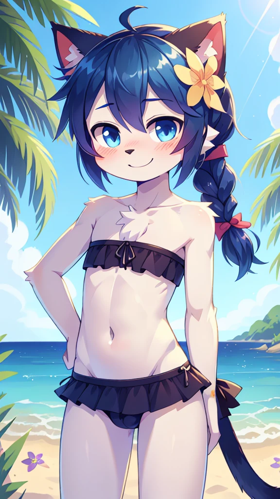 score_9,score_8_up,score_7_up, source_cartoon, source_furry, cat boy, cat tail, dark blue hair, hair over one eye, high long braid ponytail with volume, spike side hair, furry, blush, looking at viewer, smile, 1boy, cat ears, furry male, white body fur, ((flower on hair, dark blue strapless fringed bandeau bikini)), beach, clear sky, blue eyes, blush, navel, femboy, cute, looking at viewer, skinny, standing, uperbody,