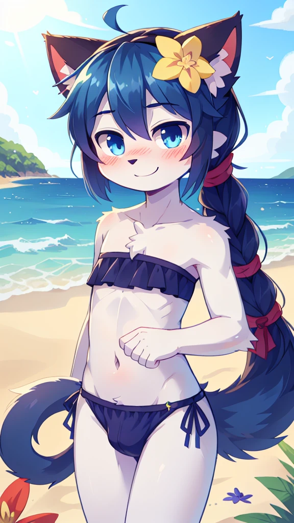 score_9,score_8_up,score_7_up, source_cartoon, source_furry, cat boy, cat tail, dark blue hair, hair over one eye, high long braid ponytail with volume, spike side hair, furry, blush, looking at viewer, smile, 1boy, cat ears, furry male, white body fur, ((flower on hair, dark blue strapless fringed bandeau bikini)), beach, clear sky, blue eyes, blush, navel, femboy, cute, looking at viewer, skinny, standing, uperbody,
