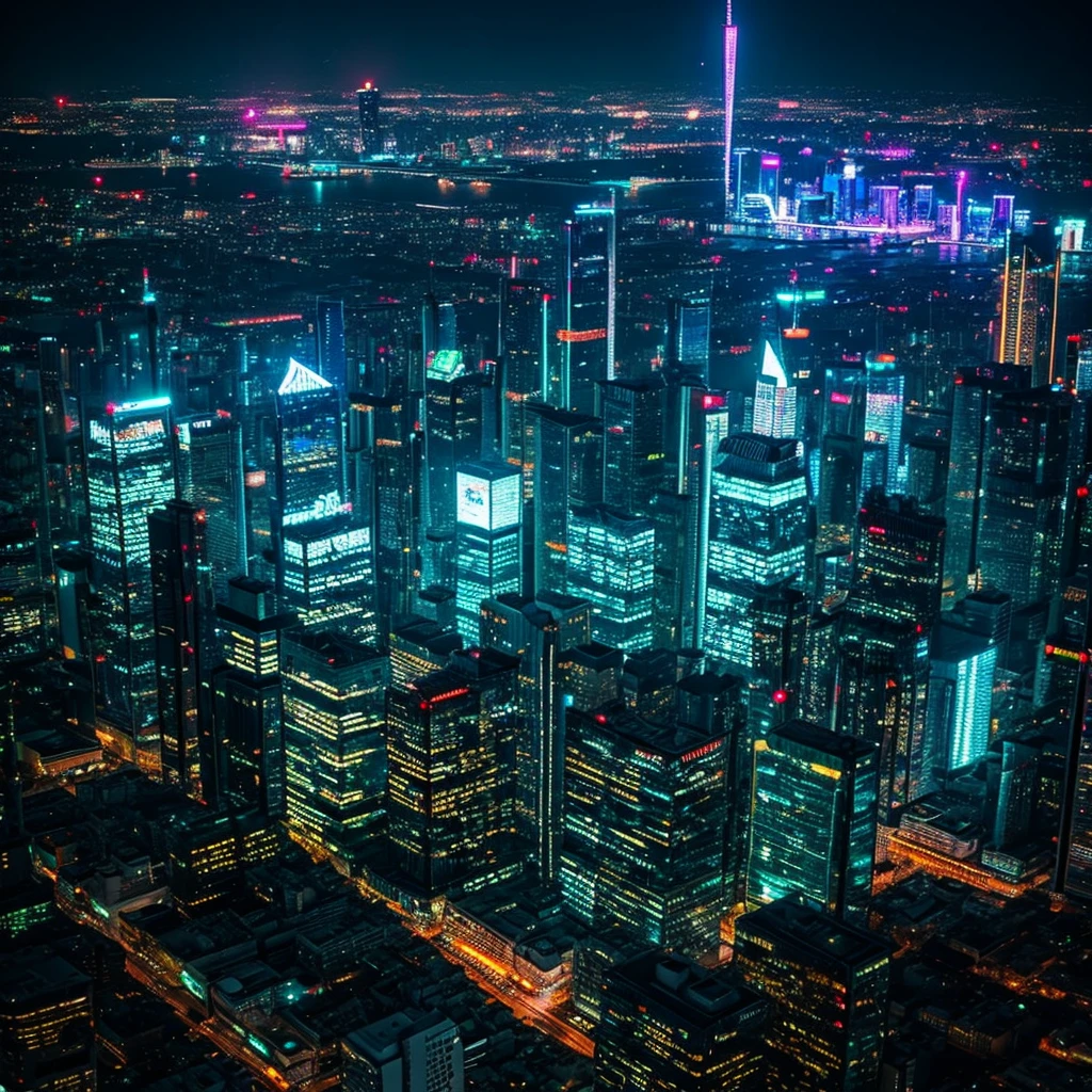 Cyberpunk skyscraper neon city night view looking down from above