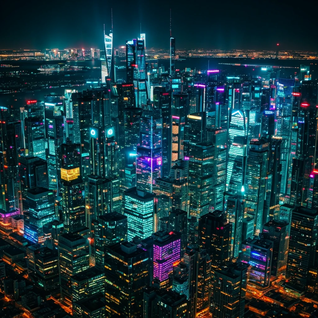 Cyberpunk skyscraper neon city night view looking down from above