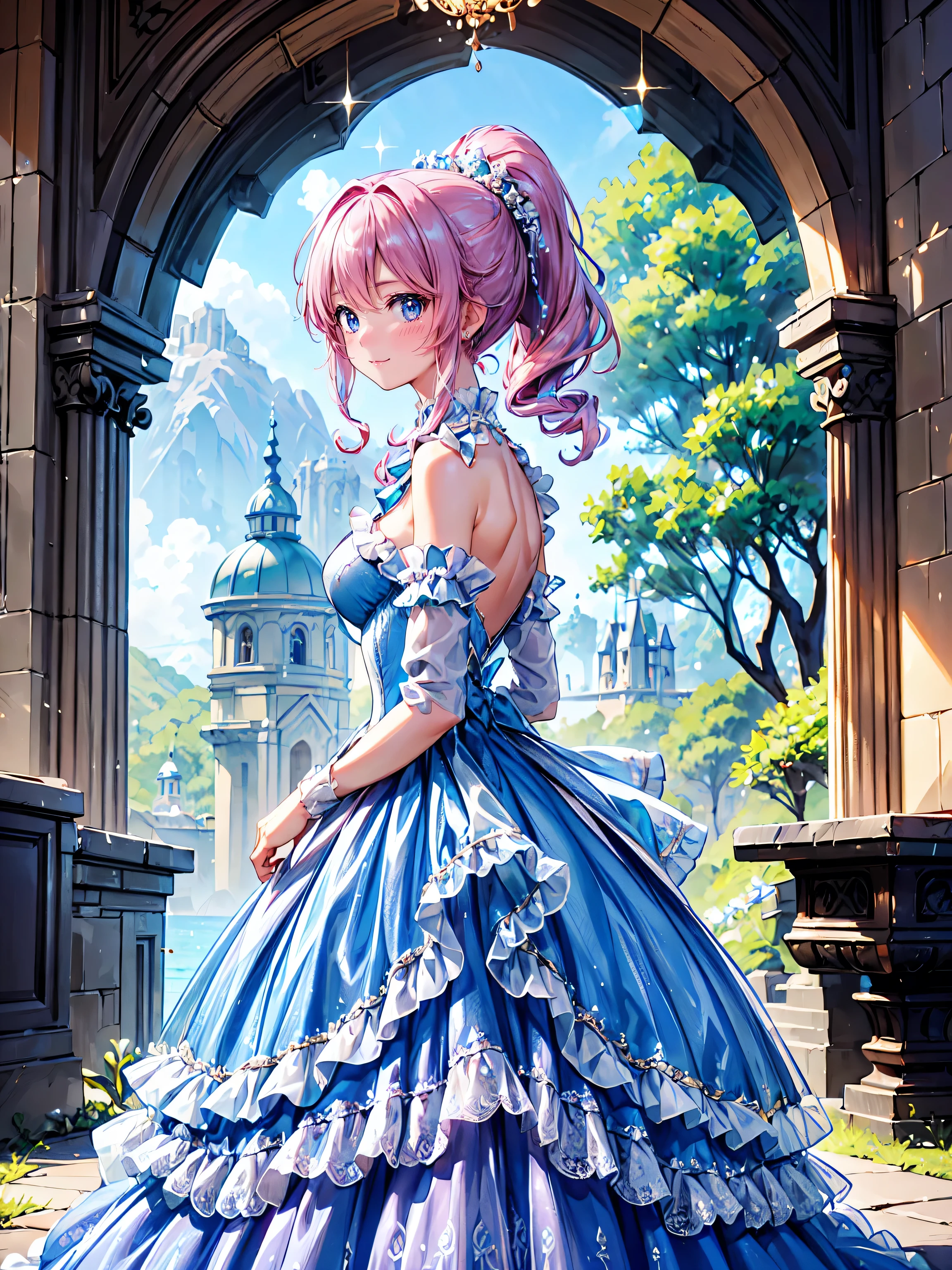 (((young face solo Captivating Adorable princess))), (((dress aquamarine dress)))), (((Unsurpassed gorgeous rococo victorian gown with voluminous  hoopskirt and long hems, princess style skirt))), (gown brilliances dazzlingly glitter reflective prismatic transparency gown:1.5), (gown ultra elaborate gown:1.5), (gown  gown:1.5),  (((huge breasts))), breasts focus, breasts cleavage, (hair pink hair:1.3), (((ponytail fluffy long ponytail))), ((Expressive hair)), very voluminous and very long hair, bangs, super delicate and beautiful face, beautiful lips, (hyper detail delicate beautiful eyes blue eyes), hair ornament silver ornament, beautiful smile, ((portrait:1.5, upper body:1.5, arched back:1.8, arms behind back:1.5, smile:1.1, looking at viewer:1.5, from side:1.5)), (((Masterpiece, Super detail, top quality, ultra high res, Spectacular Quality, Distinguished Quality, ultra detailed, unity 16k))), (coastal view:1.5), 