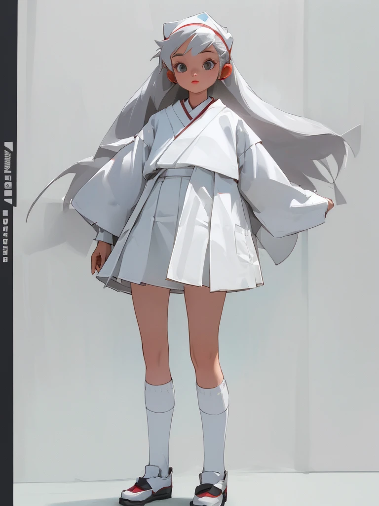 A woman wearing white knee-high socks、White T-shirt、White mini skirt、Japanese、Standing posture、The whole body is in it、Highest quality、Looking this way、15 years old