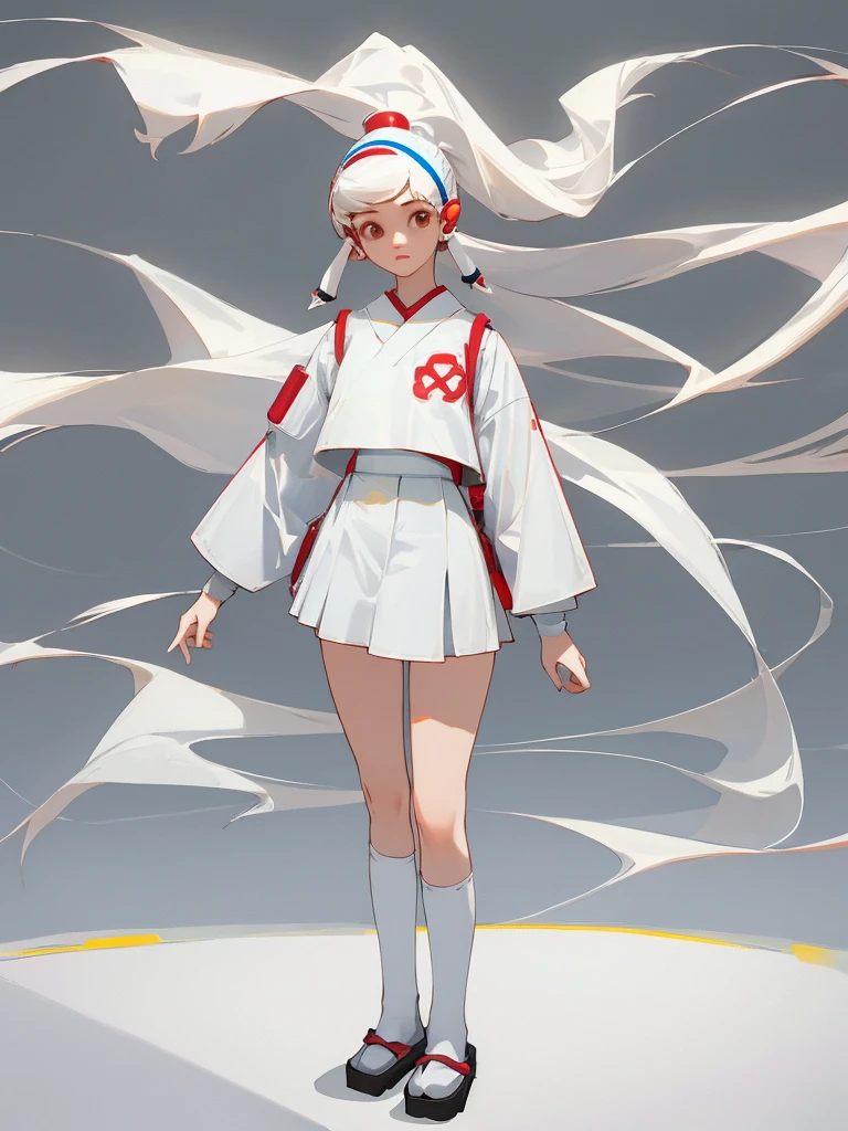 A woman wearing white knee-high socks、White T-shirt、White mini skirt、Japanese、Standing posture、The whole body is in it、Highest quality、Looking this way、15 years old