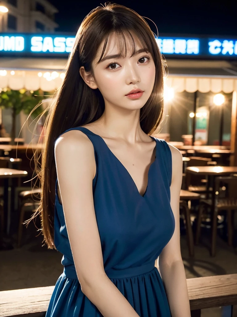 1womanl, Sleeveless navy blue long dress 、very cute (
Full-length portrait),city, cafe street at night,mideum breasts, light brown hair, Blunt bangs, hair behind ear, hair over shoulder, Long hair, slender body shape, Ultra Fine Face, Thin face, Delicate lips, Beautiful eyes, thin blush, eyes are light brown, perfect glossy skin, flawless skin, Glistening sweat,View here, Ultra-thin hands, Ultra-fine fingers, best ratio four finger and one thumb, (realisitic:1.3), See-through white blouse. An amusement park, One-person viewpoint, Fuji Film, F/1.2, 8K, masutepiece, nffsw, Super Detail, High quality, Best Quality, hight resolution