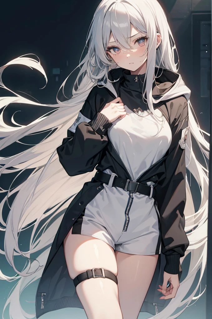 1girl, {Solitary}, Upper Body ,{{ {Watching at viewer}}}, Arms at your sides, Concept Art, white Background, simple Background, White hair, Silver gradient hair , Composite cloth, Asymmetrical clothes, Virtual YouTuber, best quality, masterpiece, Dynamic Angle, guilty gear, guilty gear, guilty gear, cowboy_shooting, Watching_Back, grab, girl,Miss,woman, young,20 years old, Very long hair, Hair Flip, Silver Hair, Flowing hair, Ahog, giggle, Beautiful and delicate golden eyes, teeth, Moderate_breast, Blonde eyes, White skin, hoodie, Black_shorts, Gray clothes, transparent_Background, Backlighting, absurd, high resolution, Extremely detailed,sweater,No pants