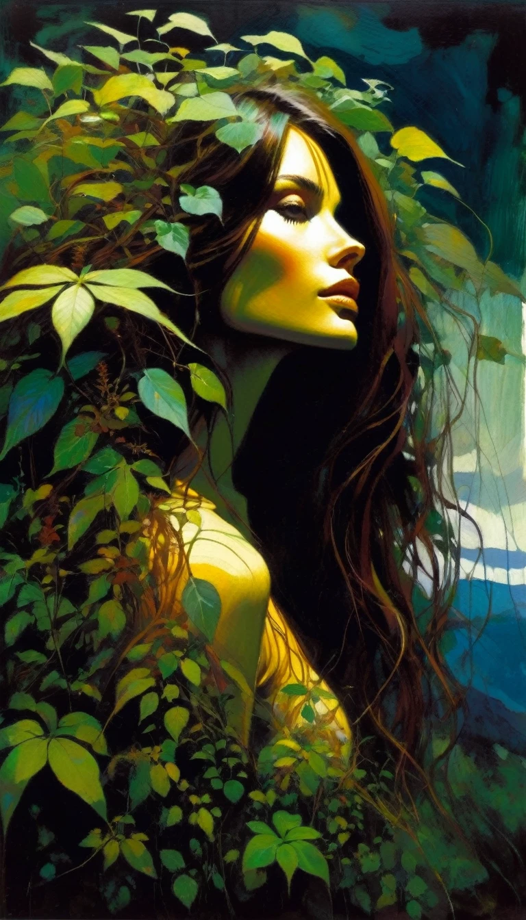 Woman with long brown hair, completely covered in plants, on a dark mountain, fused with plants.(art inspired in Bill Sienkiewicz). oil painting)