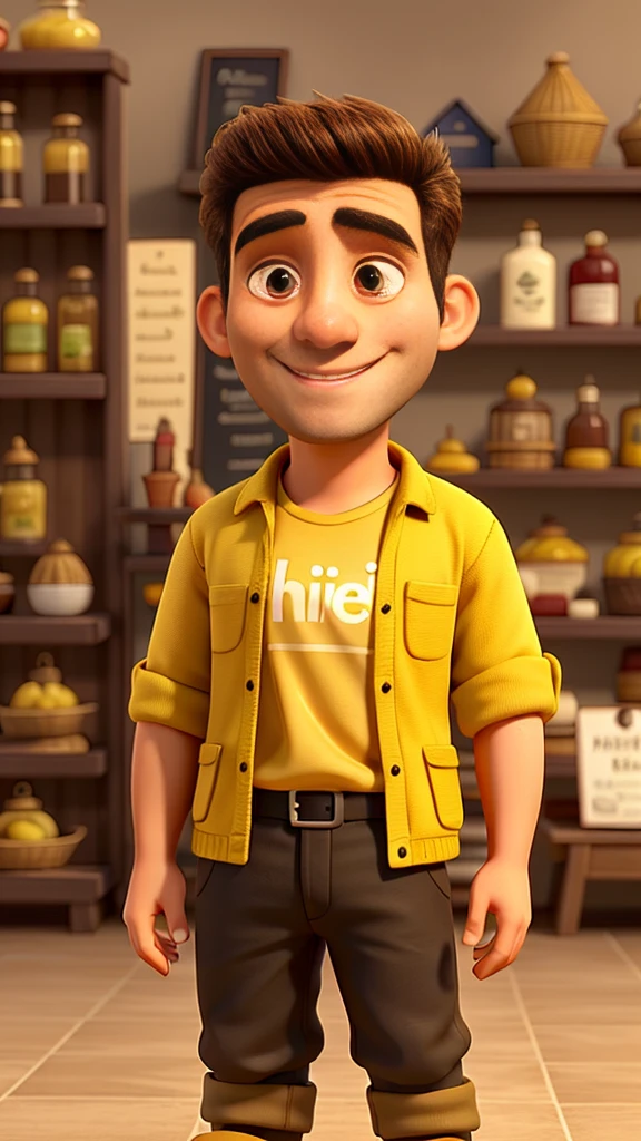 Close-up ,A 30Years old man, wearing clothes, smiling good figure,he is selling mustard oil,shop big
