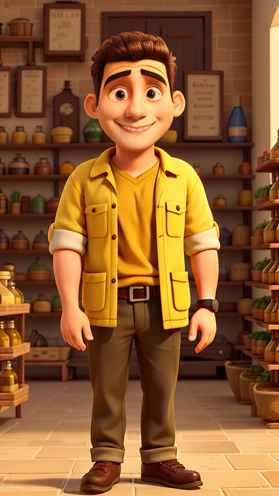  Close-up ,A 30Years old man, wearing clothes, smiling good figure,he is selling mustard oil,shop big