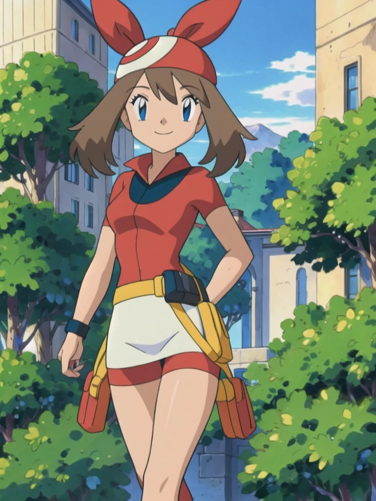 asbsurdres, highres, best quality, masterpiece, outdoors, 1girl, solo, may (pokemon), smile, fanny pack