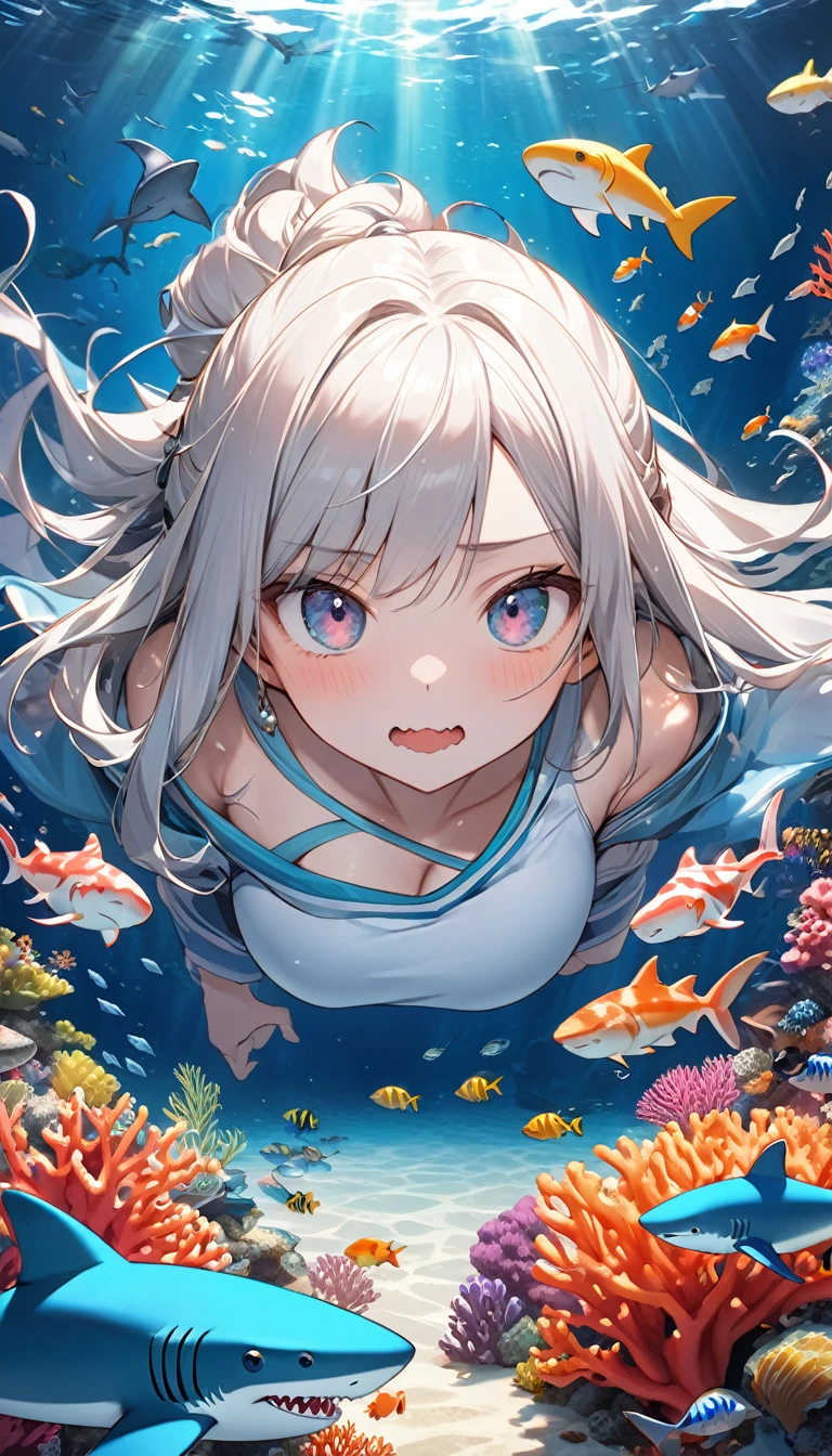 Highest quality, Super quality, 16K, Incredibly absurd, Very detailed, 2.5D, delicate and dynamic, aquarium, Large sink, Colorful Coral, Small faint light and small fish, shark, In the water, under the sea, , , , Small face, Extremely delicate facial expression, Delicate eye depiction, Upper body close-up, erotic, sole sexy lady, healthy shaped body, 22 years old lady, , 170cm tall, huge firm bouncing busts, sharkのコスチューム, sharkの着ぐるみ, sharkの背びれ, sharkの頭の形の帽子, , , sharkと一緒に泳ぐ