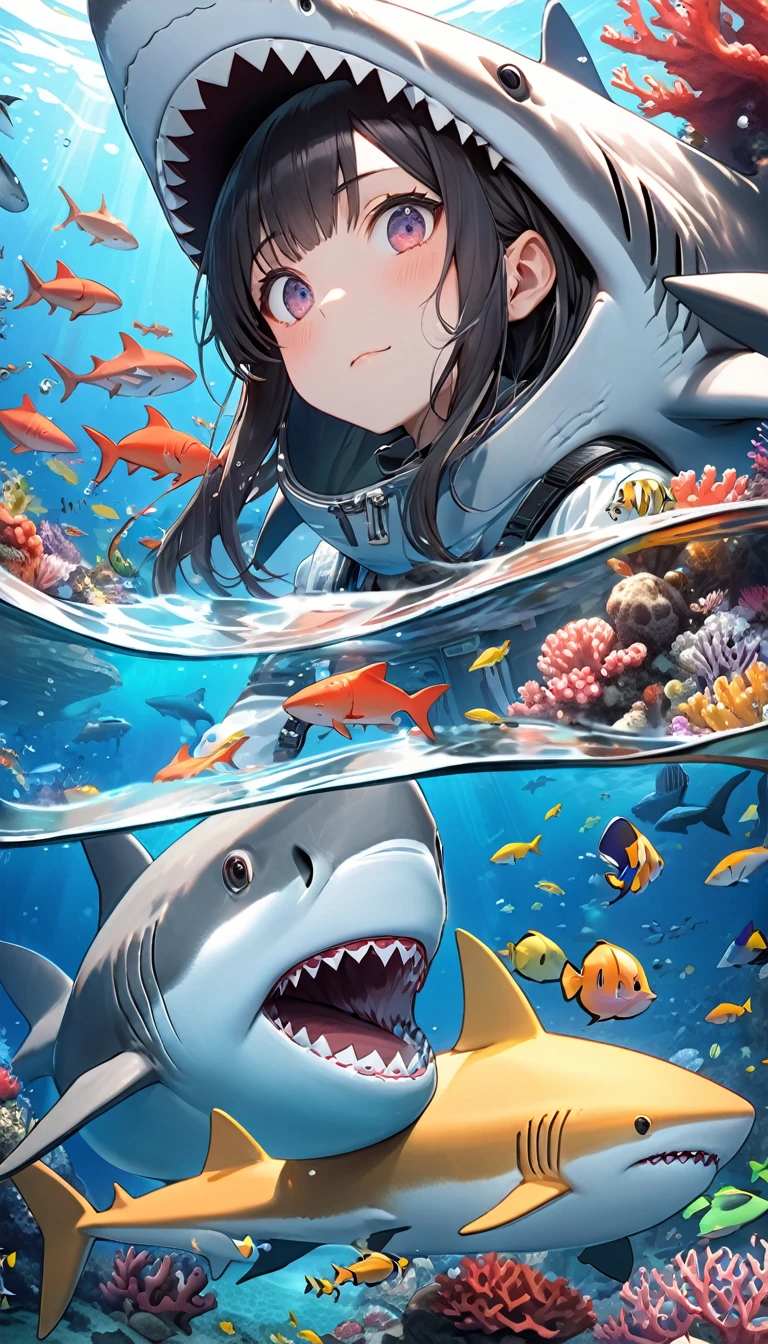 Highest quality, Super quality, 16K, Incredibly absurd, Very detailed, 2.5D, delicate and dynamic, aquarium, Large sink, Colorful Coral, Small faint light and small fish, shark, In the water, under the sea, , , , Small face, Extremely delicate facial expression, Delicate eye depiction, Upper body close-up, , sole sexy shark lady, healthy shaped body, 22 years old lady, , 170cm tall, huge firm bouncing busts, 全身sharkのコスチューム, sharkの着ぐるみ, sharkの背びれ, sharkの頭の形の帽子, , , sharkと一緒に泳ぐ