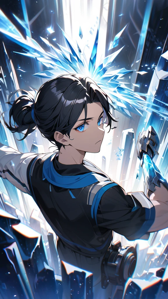 anime style man with (black hair) tied in a ponytail and blue eyes unleashing cool (ice) magic from his one hand, the other arm is metal, robot arm, hard ice, ice particles, blue and white tinted black clothing, surrounded by vibrant ice particles, emitting a cold, blue-white hue, ultra detailed, digital painting, with dramatic lighting, vivid colors, anime style from Mushoku Tensei: Jobless Reincarnation, from behind, facing viewer, looking back, from above