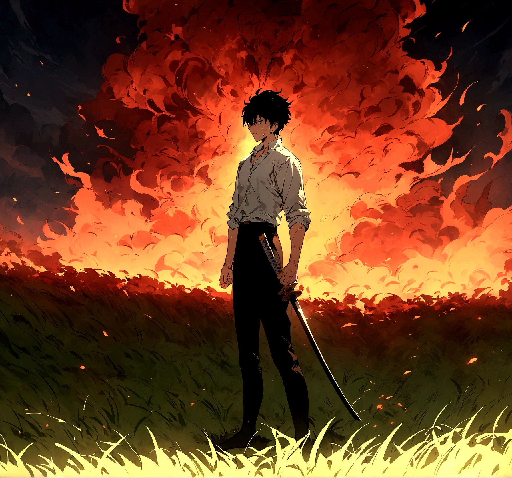 (BEST QUALITY)(BEST RESOLUTION)(MASTERPIECE)(ANIME ART)(ANIME STYLE) A man holding a katana sword in its hands while standing in swordfight posture, he is wearing only black pants and a white fabric shirt, he has no shoes on, he is in a vast field of green grass but the field is on fire, the fire is not touching him, the fire is surrounding him, he is alone in the picture, sweating, with a tired face and he is injured