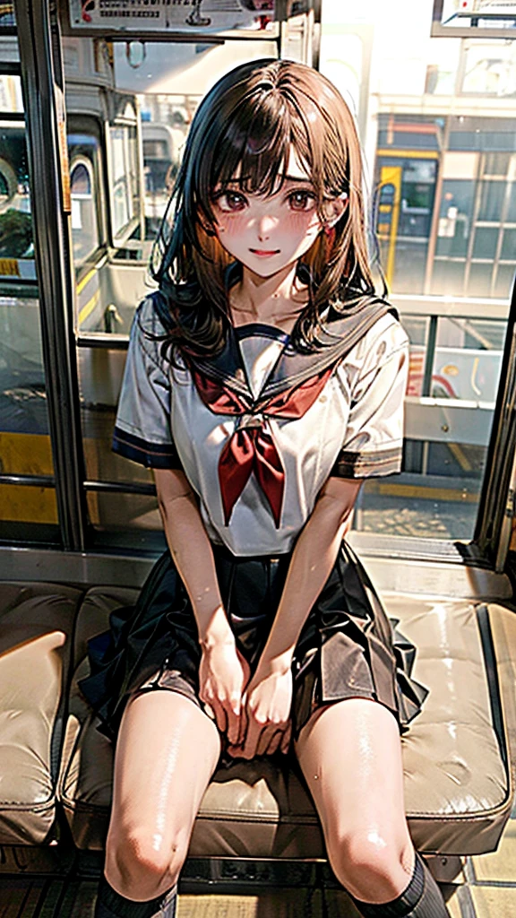 POV,Shiny, sweaty thighs:1.5,open legs,Japanese , sitting on a train,reading a book,sailor uniform, white shirt, red ribbon, brown leather shoes, skirt lift,black skirt,black high socks, orgasm expression, train interior, morning light, calm atmosphere, urban setting, high quality, highly detailed, realistic photo, intricate details