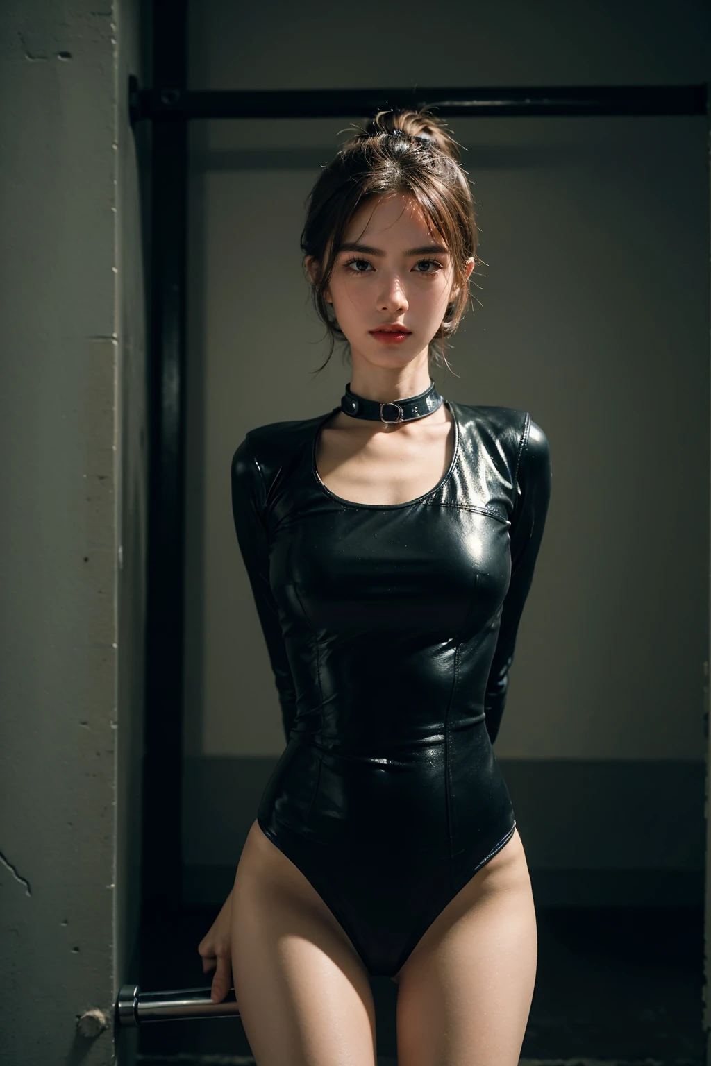(in prison cell), woman with a whip, ((top quality, 8k, masterpiece: 1.3)), crisp focus: 1.2, beautiful woman with perfect figure: 1.4, slender abs: 1.2, ((layer cut, big: 1.2)), (rain, street: 1.2), wet body: 1.5, highly detailed face and skin texture, detailed eyes, very short hair, studio,BDSM,slave,rubberdress