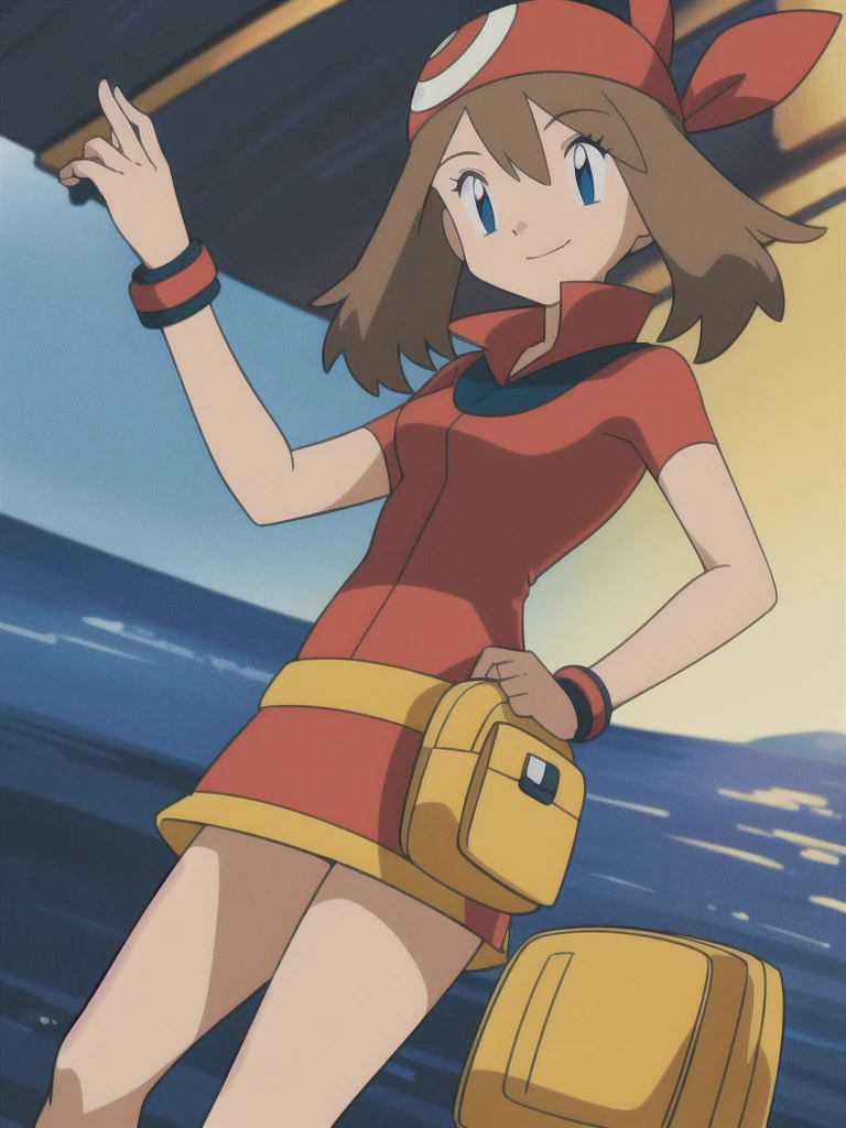 asbsurdres, highres, best quality, masterpiece, outdoors, 1girl, solo, may (pokemon), smile, fanny pack