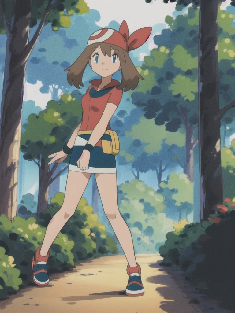 asbsurdres, highres, best quality, masterpiece, outdoors, 1girl, solo, may (pokemon), smile, fanny pack