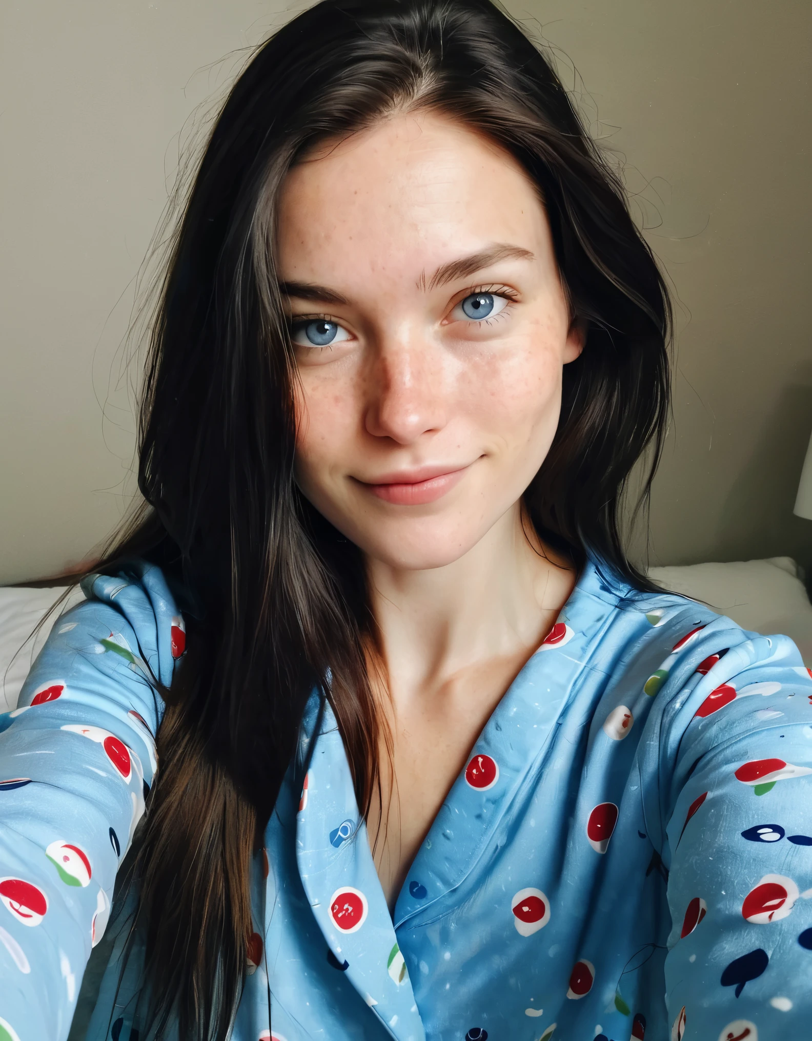 instagram selfie , a 23 year old gorgeous woman , slight smile , ultra detailed skin face and eyes , natural lighting , at home , long hair, wearing cute pajamas , film grain, low contrast, natural face , freckles , black hair , blue eyes, dark circles under eyes
