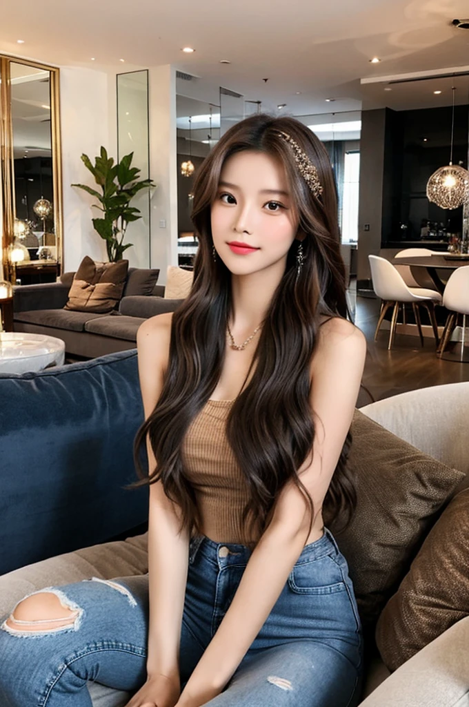 Generate an image of a stunning 20-year-old Asian woman with beauty akin to a goddess of the fire element. She has big brown eyes, dark brown hair, glowing skin, and an attractive appearance. She is wearing a beautiful top paired with blue skinny jeans. The woman is sitting sweetly on a living room sofa, her posture relaxed and inviting, surrounded by cozy and elegant decor.