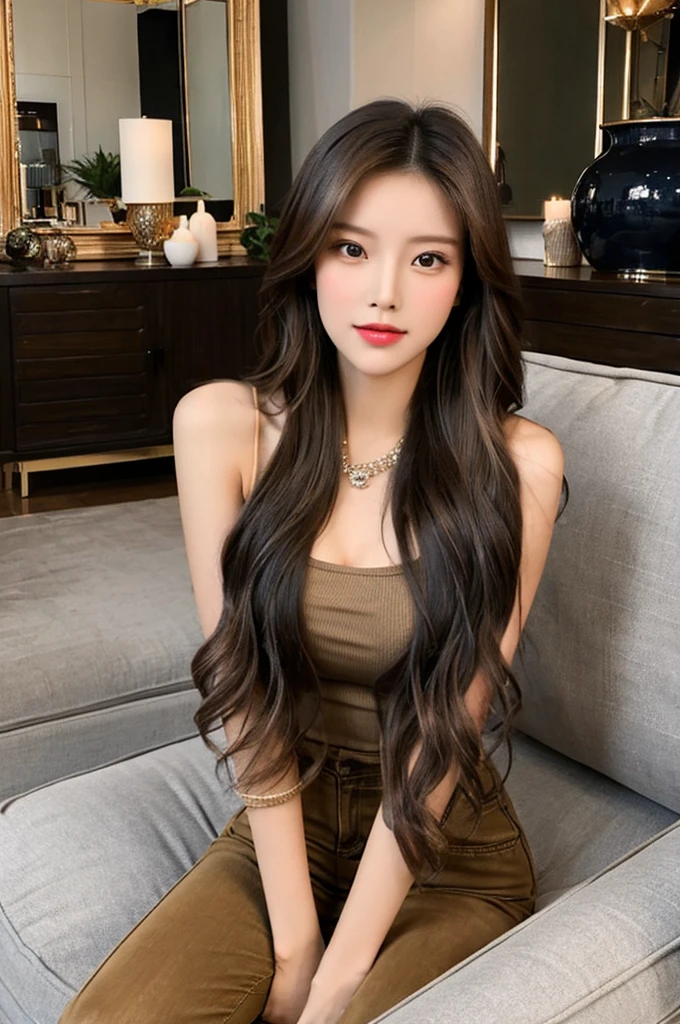 Generate an image of a stunning 20-year-old Asian woman with beauty akin to a goddess of the fire element. She has big brown eyes, dark brown hair, glowing skin, and an attractive appearance. She is wearing a beautiful top paired with blue skinny jeans. The woman is sitting sweetly on a living room sofa, her posture relaxed and inviting, surrounded by cozy and elegant decor.