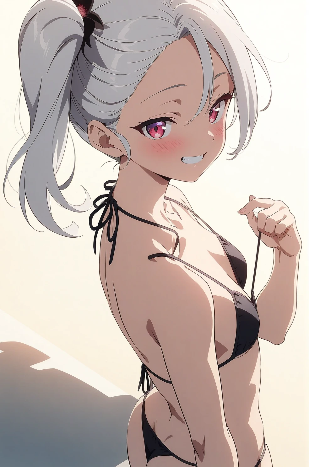 best quality, amazing quality, very aesthetic, absurdres, (1girl, mutsuki, blue archive, solo, red eyes, white hair, side ponytail), (realistic face:0.9),(string bikini:1.8),dress lift, (grin, blush, thigh:1.3), (cowboy shot), (glowing eyes), (half closed eyes:0.9), (from side:2), (official art:1.3), (pool), expressive eyes, perfect face, 4k, extremely detailed anime illustration, extremely detailed eyes, perfect anatomy, light rays, extremely delicate body, smooth skin, (simple background:1.5), clear eyes, beautiful face, small ,(anime style:1.7), (Warm Light:1.5), (highres:2),