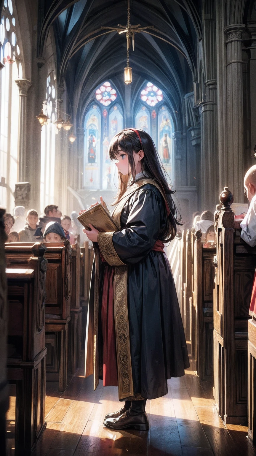 Dwarf in priest costume standing in church, Delicate face, middle Ages, fantasy