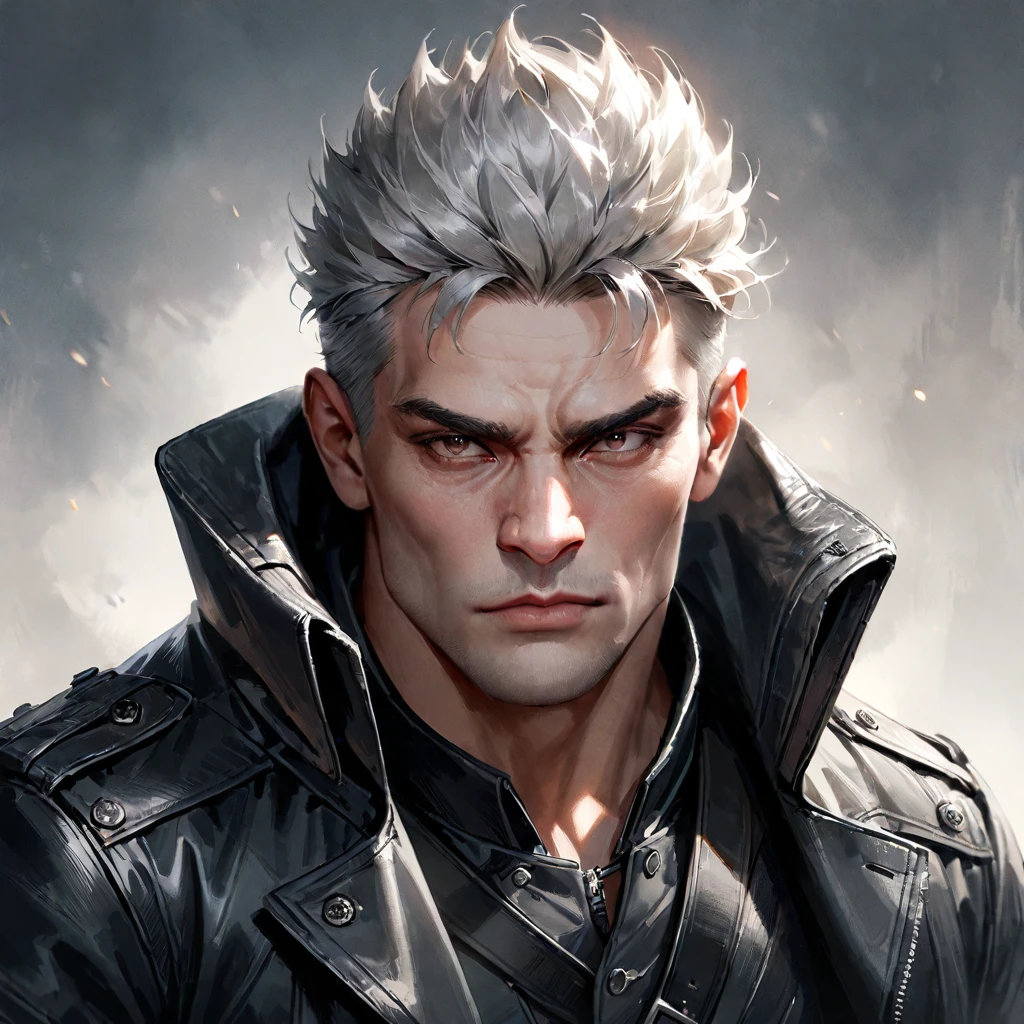 1boy, solo, male focus, realistic, upper body, jacket, closed mouth, coat, black jacket, looking at viewer, black coat, manly, spiked hair, grey hair, ((medium quality)), ((medium quality))
