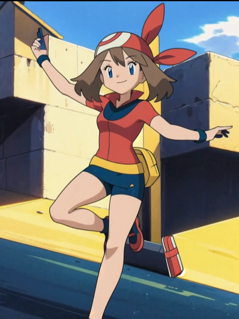 asbsurdres, highres, best quality, masterpiece, outdoors, 1girl, solo, may (pokemon), smile, fanny pack