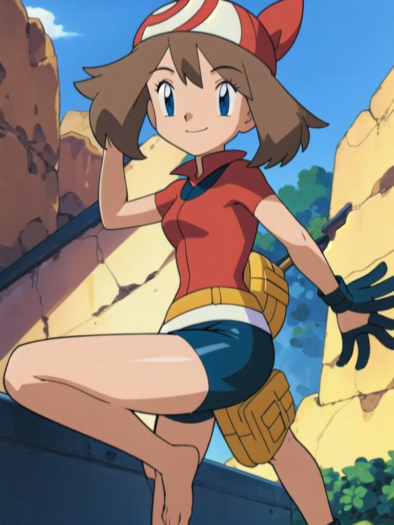 asbsurdres, highres, best quality, masterpiece, outdoors, 1girl, solo, may (pokemon), smile, fanny pack