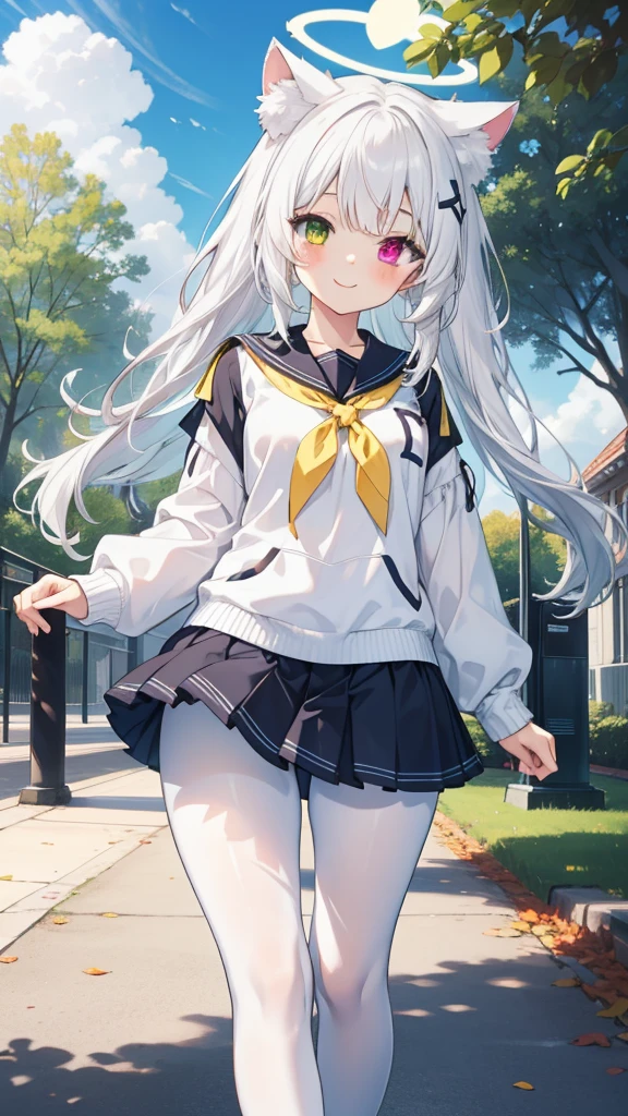 White hair,Long hair,Cat ear,Heterochromia(Blue on the left and yellow on the right),Campus clothing,White pantyhose, body type,Smile,Halo,in the park