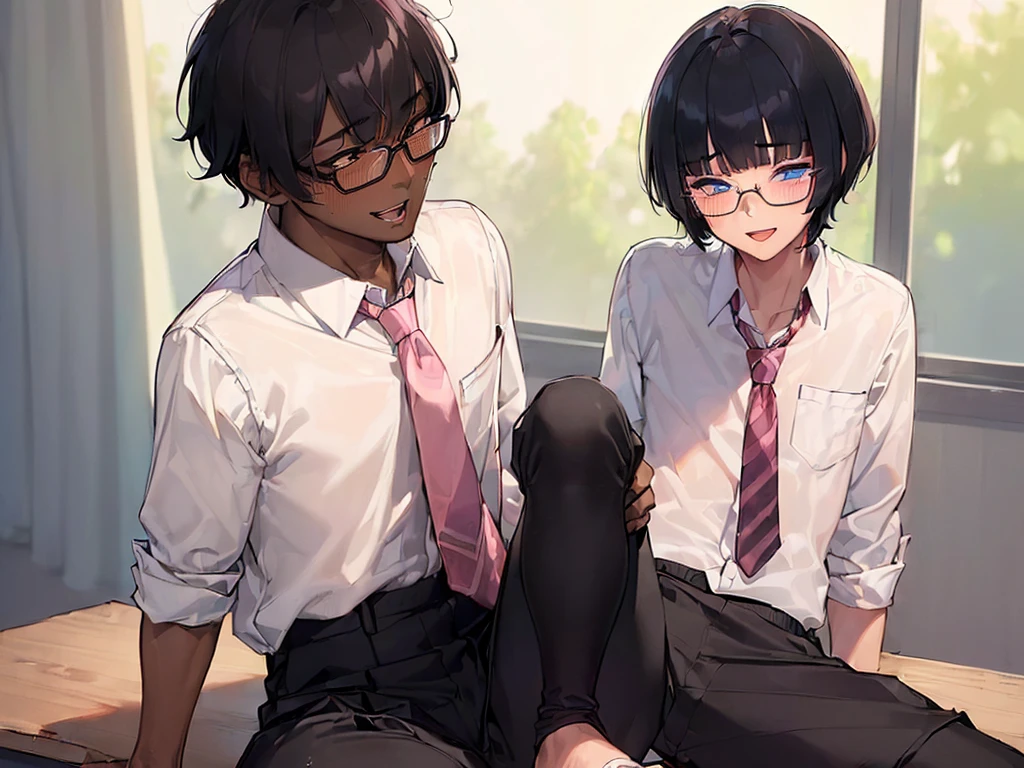 (1 feminine boy solo:1.7),(dark skin:1.5),(masterpiece:1.2), highest quality, High resolution, unity 8k wallpaper, (fine and beautiful eyes:1.6), highly detailed face, perfect lighting, Detailed CG, (perfect hands, perfect anatomy),20 years old, (black hair:1.3), detailed eyes, best quality, extremely detailed, very precise detailed, (glasses:1.4), (blunt bangs:1.5), (open mouth:1.2), (short hair:1.5), (evil smile:1.4), , (half closed eyes:1.3) ,long sidelocks, (blush:1.3),(sit on desk:1.3),(Put left knee in front:1.5),(school uniform pant:1.5),(loosen necktie:1.2),spread legs,knee up