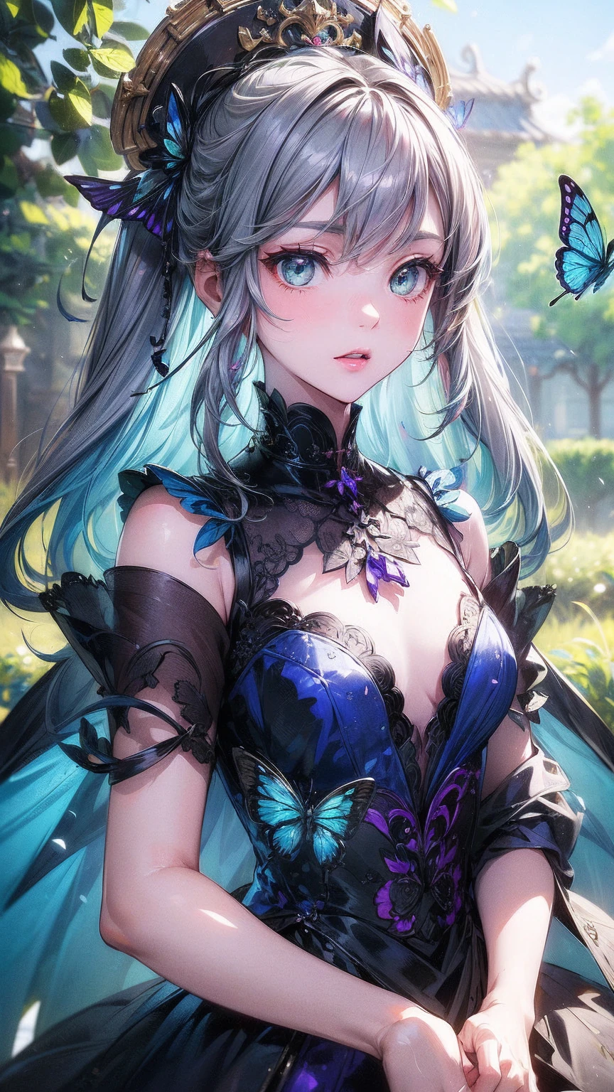 ((masterpiece)), (((best quality))), ((Extremely detailed)), rich and colorful, Human Development Report, 1 Girl, Solitary, Upper Body, Gray hair,Green Eyes, luotianyi (xiachong),xiachong, Black and purple dress, (Blue Butterfly), White butterfly wings
