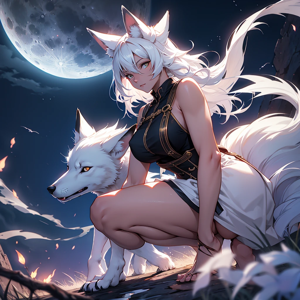 Moonlit night, A white fox with nine tails runs