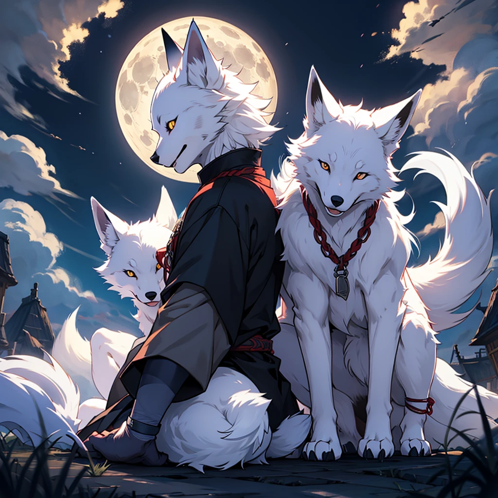 Moonlit night, A white fox with nine tails runs