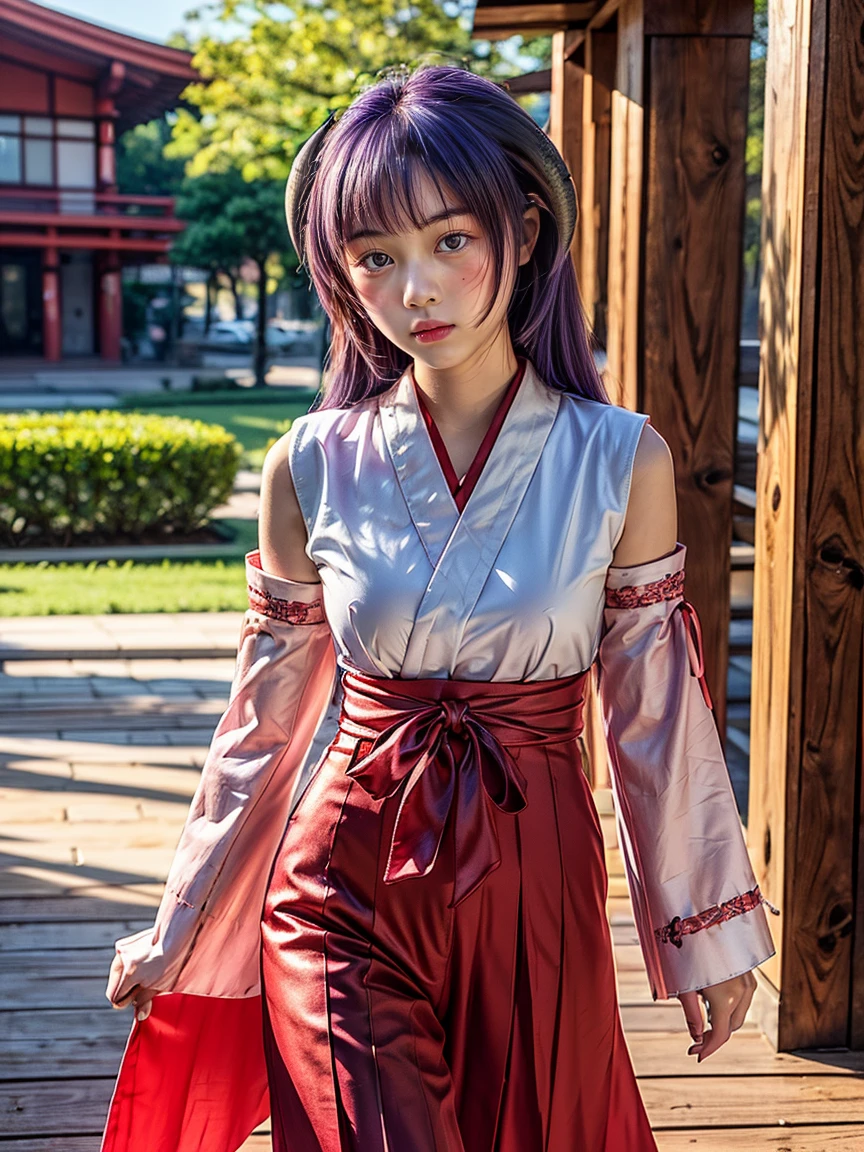 (1 girl), (Best quality at best:1.4), (ultra - detailed), (extremely detailed CG unified 16k), A Beautiful Girl: 1.4, Sharp Focus: 1.2, very detailed, High-definition RAW color photo, professional photoshooting, amazing face and eyes, (amazingly beautiful girl), ((Hanyuu, 11 years old girl)), ((japanese clothes, miko, detached sleeves, hakama, hakama skirt, skirt, red hakama, ribbon-trimmed sleeves)), standing, (Dark and stylish inside temple), (look from down), realistic cinematic face, head to feet long wide zoomed out view, full body long view, photorealistic, ((realistic natural purple hair style, horns, long hair, purple eyes, blush)), extremely beautiful face, perfect beauty, pout mouth, Highly Detailed Face and Skin Texture, Detailed Eyes, Double Eyelids, Small Breasts, cleavages, western, (masterpiece), best quality, high resolution, extremely detailed, blurred background, depth of field, cinematic lighting, amazing legs, high heels, clear and well-cared skin, drinking red wine