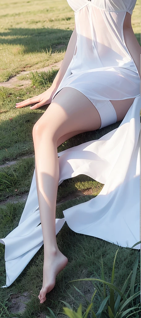 White Silk，Leg elongation，Whitening，The background image is changed to grass，illumination，shadow