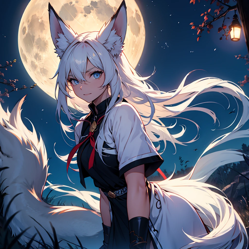 Moonlit night, A white fox with nine tails runs