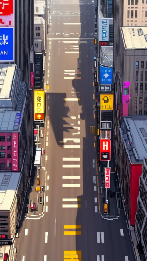 Straight road running through the center of the city, game concept, game map, pixel, pixel art, (straight road:1.2), paved road, vertical, bird's eye view, modern city, modern buildings, post-apocalypse, front projection