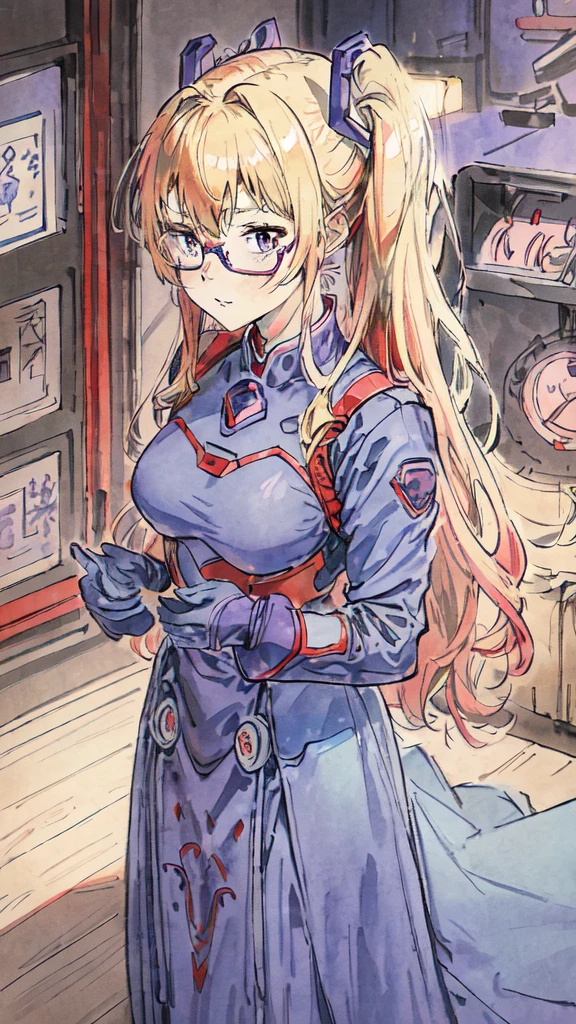 anime,An illustration,purple robot,Mobile Suit,Dom,Light blue check dress,Red glasses,Blonde,Light blue mesh hair,beautiful girl,Sora Sakurano,One person